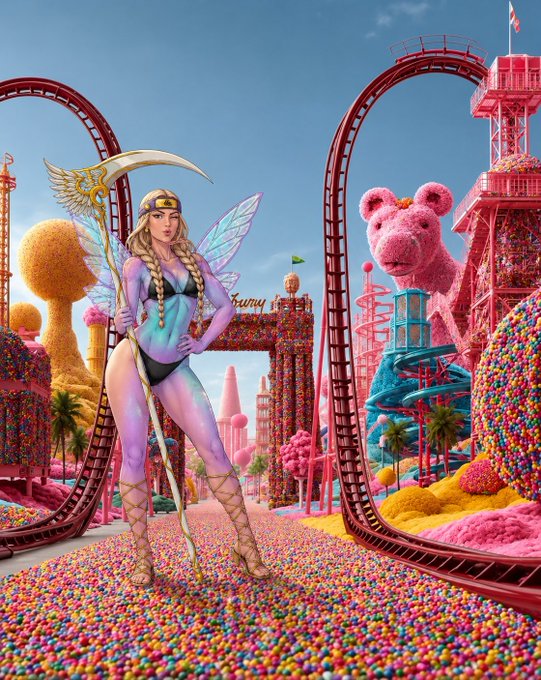 A vibrant, surreal 3D digital artwork depicting a fairy-like woman with braided hair and wings standing in a colorful candy-themed amusement park with a rollercoaster and a giant pink bear.