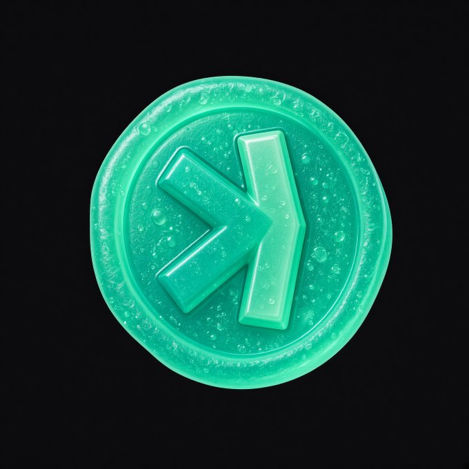 A glowing teal/green circular token or coin featuring a double-arrow forward symbol (resembling a fast-forward icon) on a black background.
