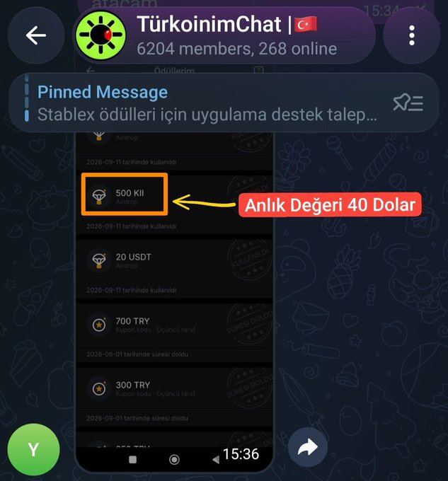 A Telegram group screenshot for 'TürkoinimChat' showing an airdrop offer of 500 KII tokens, highlighted with an annotation in Turkish stating the instant value is 40 dollars.