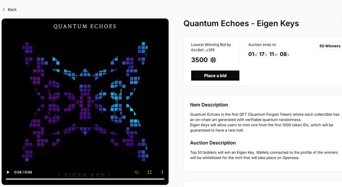 A screenshot of the "Quantum Echoes - Eigen Keys" auction page on Quip Network shows a pixelated butterfly artwork, with the lowest winning bid at 3,500 (0xc6ef...c3f9), 50 winners available, and the auction ending in 1 day, 17 hours, 11 minutes. The image illustrates the user's dilemma about bidding 3,500+ points—currently ranked 239 with 7.1k points—for one of only 50 spots, knowing it would wipe out their leaderboard progress.