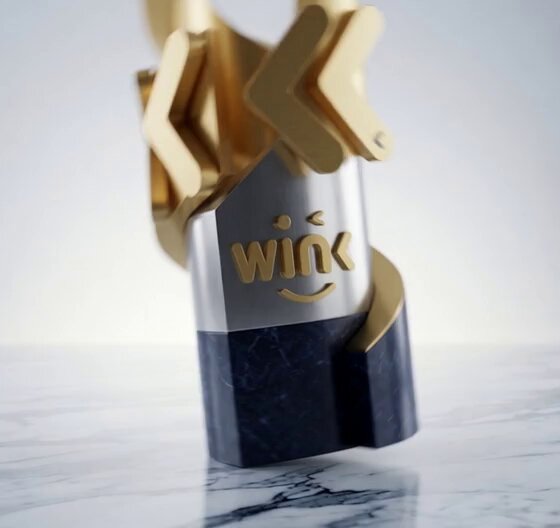 The image features a trophy with a blue base and gold accents, which appears to be made of marble or stone. The trophy has a smiley face drawn on it, adding a playful touch. The text "WINk" can also be seen in the image. The trophy is placed on a white surface, possibly a table or countertop.