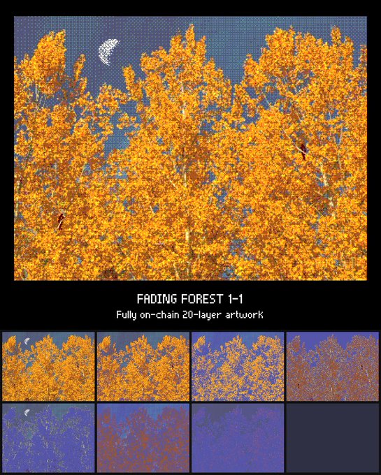A digital artwork titled 'FADING FOREST 1-1' described as a 'Fully on-chain 20-layer artwork,' showing autumn trees against a starry sky with a crescent moon, displayed above smaller progressive iterations of the image.