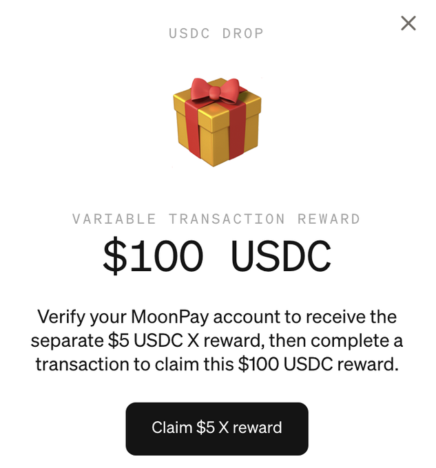A USDC drop promotional pop-up offers a "$100 USDC" variable transaction reward, with a "Claim $5 X reward" button and instructions to verify a MoonPay account and complete a transaction. The image reflects the post's frustration about the awkward, data-collecting process required to claim the reward, humorously depicted as a "sacrificial lamb" exchange.