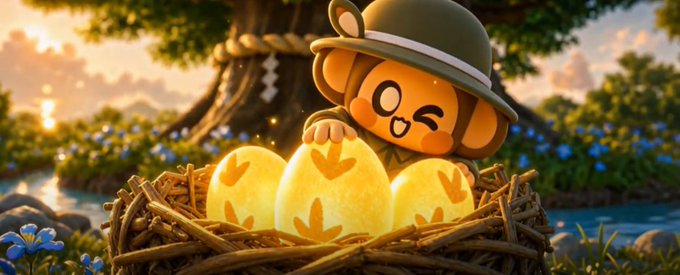 A cute cartoon-style character wearing a green hat tends to a nest of glowing golden eggs in a peaceful, sunlit natural setting.