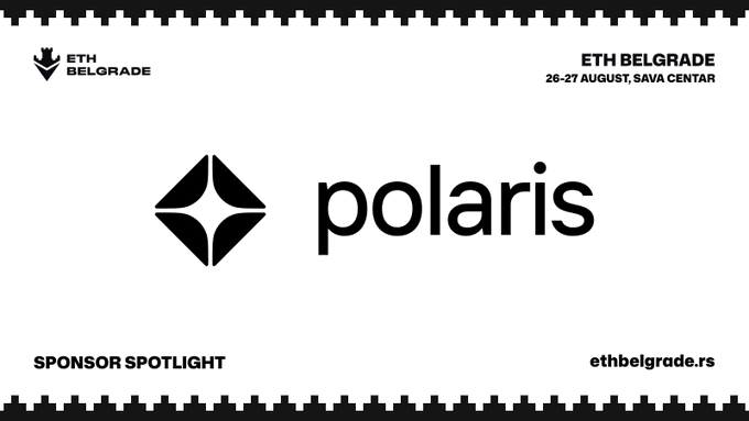 A sponsor spotlight graphic for ETH Belgrade (26-27 August, Sava Centar, ethbelgrade.rs) features the Polaris logo prominently in the center, with the ETH Belgrade branding at the top, reflecting the post's message of supporting the Ethereum community event.