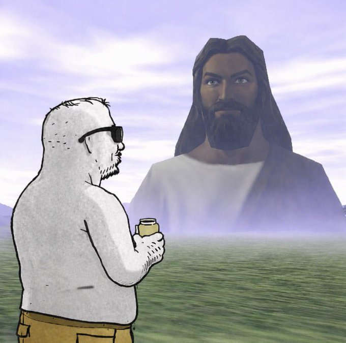 A bald, bearded man in sunglasses stands holding a coffee jar, facing a giant floating figure of a Jesus-like apparition in a hazy field—a surreal "stonks"-style meme visualizing the post's theme of "$unc" crypto holders being in a transcendent, "in control" mode.