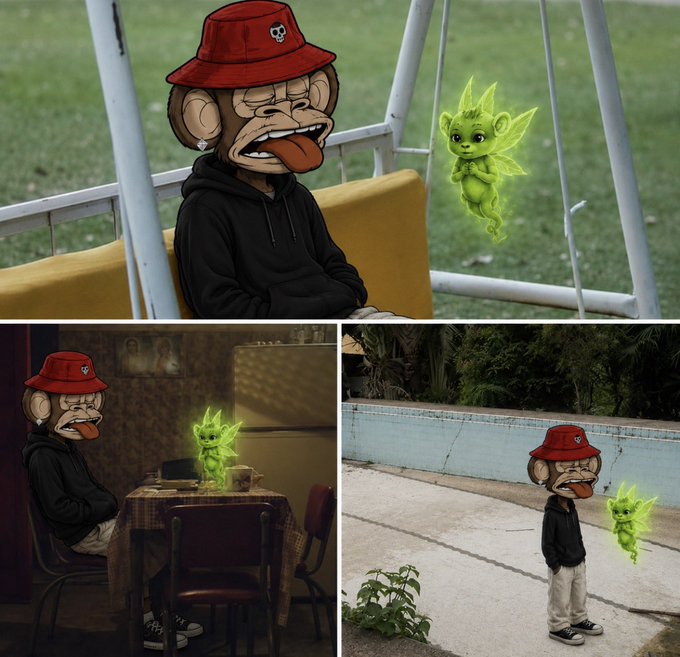 A three-panel collage showing a cartoon monkey character wearing a red bucket hat and black hoodie in different settings, accompanied by a small glowing green fairy-like creature.