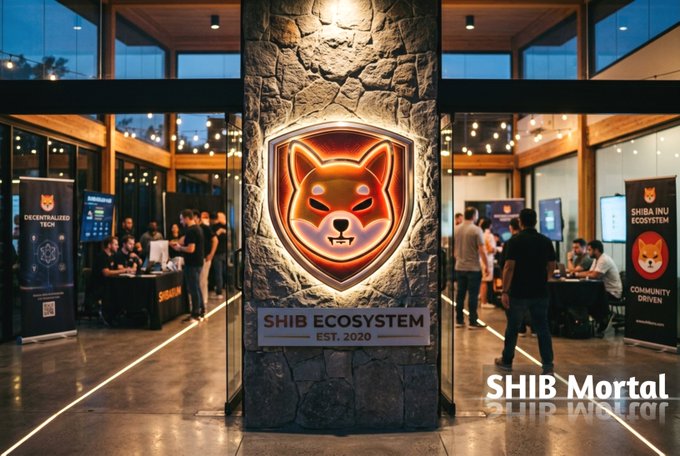 An event space displays an illuminated Shiba Inu emblem on a stone pillar reading 'SHIB ECOSYSTEM EST. 2020' with 'SHIB Mortal' watermark.