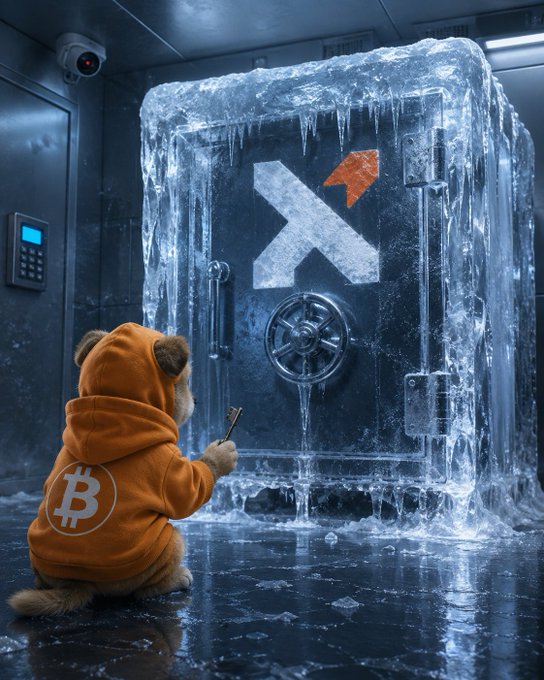 A small dog wearing an orange Bitcoin hoodie sits on the floor of a frozen industrial vault, holding a key while facing a large frozen safe door with a combination wheel displaying an upward orange arrow symbol, suggesting Bitcoin cold storage.