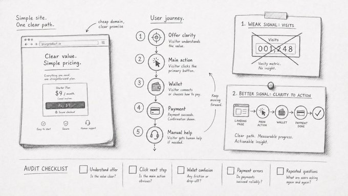 A hand-drawn UX/UI sketch showing website audit concepts with sections labeled 'User journey,' 'Clear value. Simple pricing,' and a 'WEAK SIGNAL: VISITS' vs 'BETTER SIGNAL: CLARITY TO ACTION' comparison.