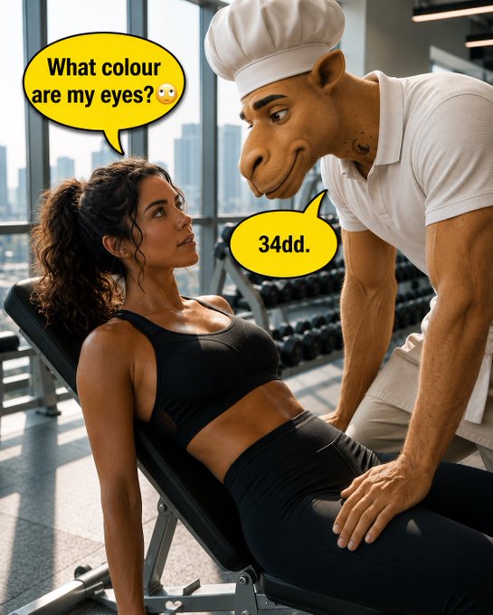 A humorous edited image of a woman on a gym bench asking 'What colour are my eyes?🙄' while a cartoonish camel-headed trainer responds '34dd.'
