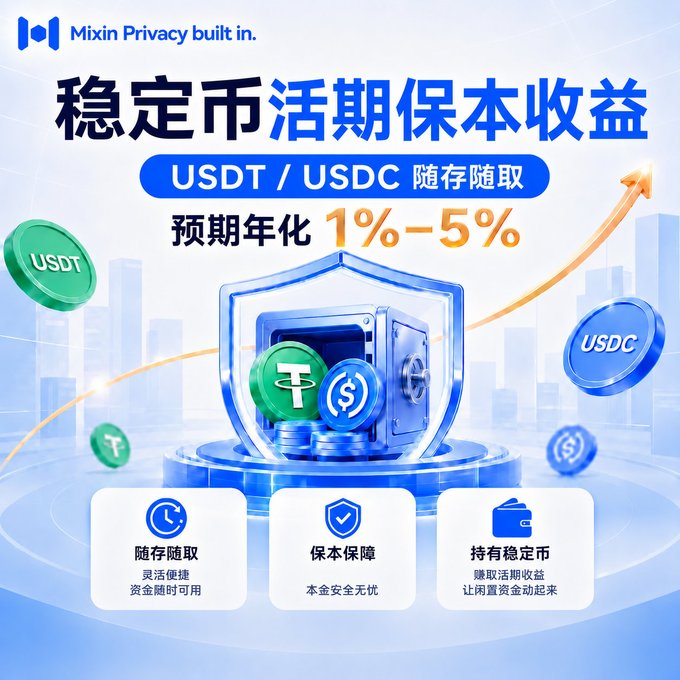 Mixin promotional graphic in Chinese advertising stablecoin flexible savings with USDT/USDC, promising 1%-5% annualized returns.