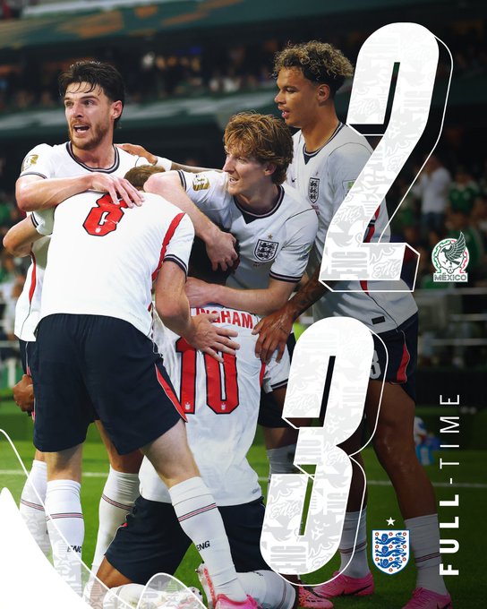 England soccer players in white kits celebrating on the field with large '2' and '3' numbers displayed and 'FULL-TIME' text alongside team crests.