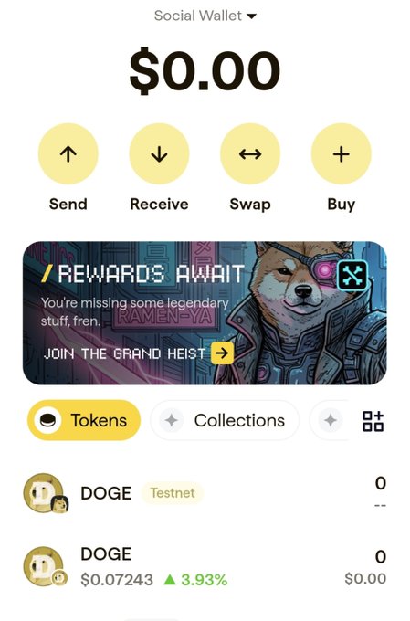 A crypto 'Social Wallet' interface showing a $0.00 balance with Send, Receive, Swap, and Buy options, displaying DOGE tokens and a 'REWARDS AWAIT' promotional banner.