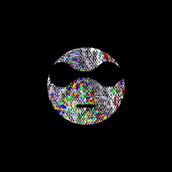 Stylized ninja mask logo filled with colorful digital glitch/pixel art patterns on a black background.