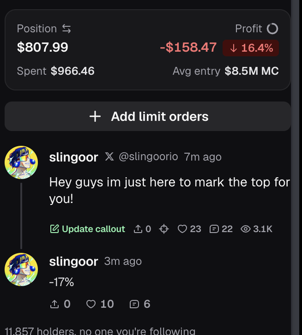 A crypto portfolio interface showing a Position of $807.99 with a Profit of -$158.47 (-16.4%), along with posts from user 'slingoor' saying 'Hey guys im just here to mark the top for you!' and '-17%'.