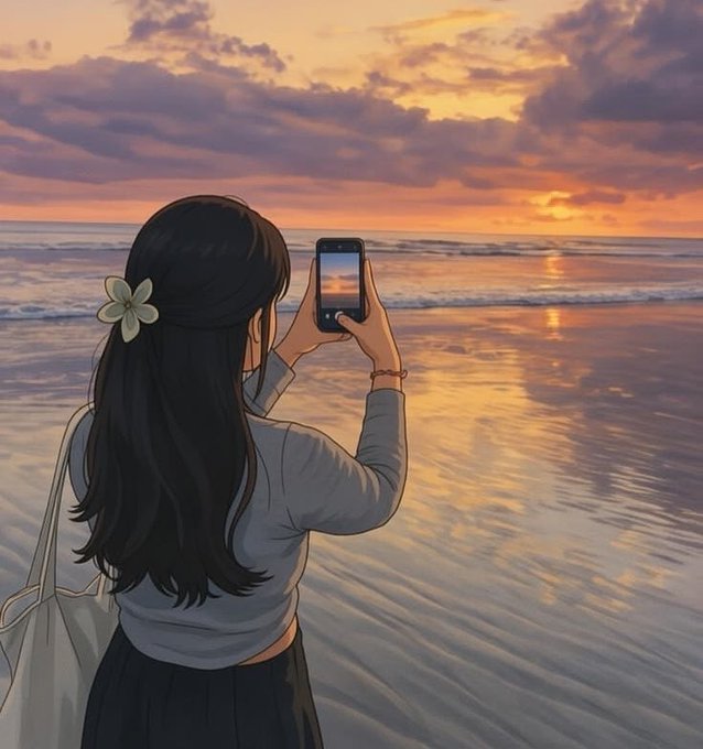 A young woman with a flower in her hair takes a photo of a golden sunset over the ocean with her smartphone, capturing the tranquil scene. The image reflects the post's peaceful, grateful tone, symbolizing a reflective end to the day shared with @quipnetwork and @TheARCTERMINAL.