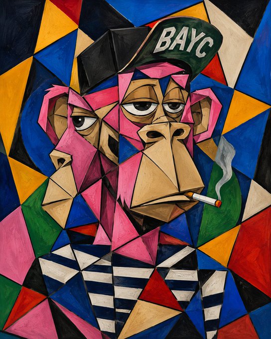 A cubist-style portrait of a Bored Ape wearing a "BAYC" cap and smoking a cigarette, with vibrant geometric shapes in pink, blue, yellow, and green surrounding the figure. The "gm" caption reflects the casual crypto greeting commonly associated with the Bored Ape Yacht Club (BAYC) NFT community.