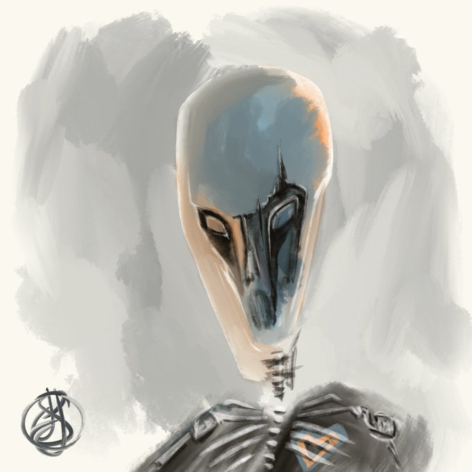 A digital painting of a futuristic, masked cyborg figure with a metallic faceplate, set against a grey cloudy background, signed with an artist's logo in the corner.