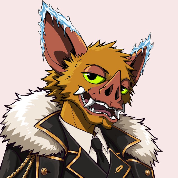 A digital portrait of an anthropomorphic bat-like character with large ears tipped in ice, sharp fangs, and green eyes, wearing a black coat with a white fur collar.