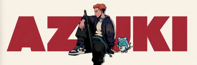 An illustrated logo for 'AZZUKI' featuring an anime-style red-haired character sitting with a gun, accompanied by a small blue creature mascot.