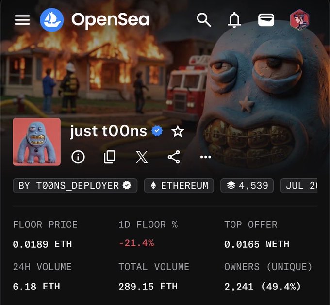 A screenshot of the OpenSea NFT marketplace page for the collection 'just t00ns' on Ethereum, showing a blue, toothy monster character, a 24H volume of 6.18 ETH, total volume of 289.15 ETH, and 2,241 unique owners.