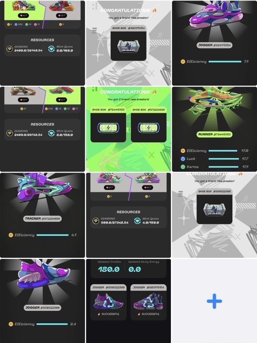 A collage of screenshots from a mobile shoe-collecting game displaying various sneakers like the 'JOGGER' and 'RUNNER', shoe boxes won, and in-game resources including 'GENXARD' and 'Mint Quote' currencies.