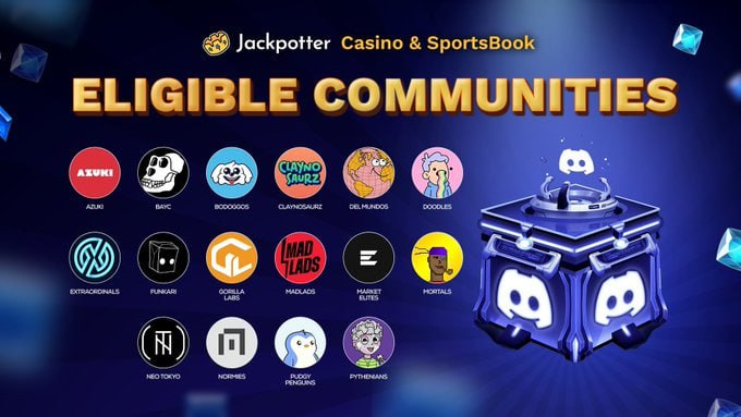 This graphic for Jackpotter Casino & SportsBook lists "ELIGIBLE COMMUNITIES" including Azuki, BAYC, Doodles, and others, highlighting their integration with various online communities. The accompanying post praises Jackpotter.com for its casino features and mentions an upcoming announcement related to these communities.