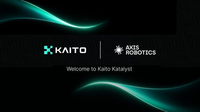 A presentation slide with green light streaks on a dark background, displaying the logos 'KAITO' and 'AXIS ROBOTICS' with the text 'Welcome to Kaito Katalyst'.