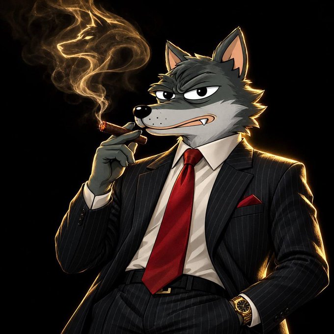 A digital illustration of an anthropomorphic wolf character wearing a pinstripe suit with a red tie, smoking a cigar against a dark background.