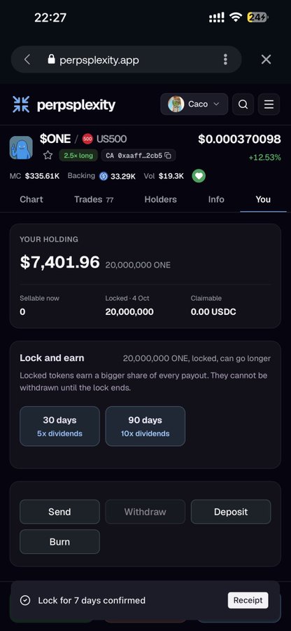 A screenshot of Persplexity.app showing a portfolio holding of 20,000,000 $ONE tokens valued at $7,401.96, with a recently confirmed 7-day lock confirmation at the bottom, perfectly matching the "Lock it!" excitement of the post.