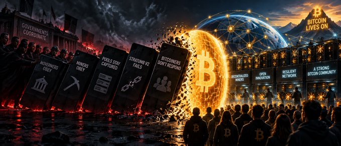 A dramatic illustration shows Bitcoin defended by a community against forces labeled 'GOVERNMENTS COORDINATE,' 'MOVEMENTS OBEY,' 'MINERS OBEY,' 'POOLS STAY CAPTURED,' 'STRATFORD V2 FAILS,' and 'BITCOINERS DON'T RESPOND,' with banners reading 'BITCOIN LIVES ON,' 'DECENTRALIZED MINERS,' 'OPEN INNOVATION,' 'RESILIENT NETWORK,' and 'A STRONG BITCOIN COMMUNITY.'