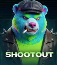 A colorful blue and green bear wearing a black leather cap and jacket, smoking a cigarette, with the text 'SHOOTOUT' displayed at the bottom.