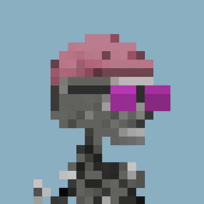 A pixel art figure with a pink brain-like head, gray skeletal body, and purple visor stands against a blue background, humorously representing a quirky creature that the poster imagines swapping like a trading card on a fictional platform.