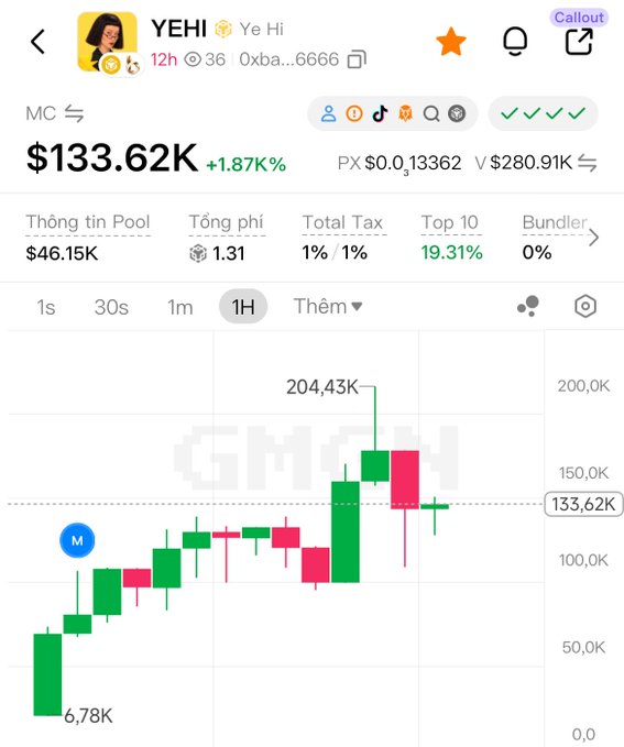 A trading chart for the meme coin $YEHI ("Ye Hi") on the BSC network shows a current price of $133.62K, up 1.87%, with the token reaching a high of $204.43K from a low of $6.78K in the 1-hour timeframe, visually supporting the post's claim of significant gains for early buyers.