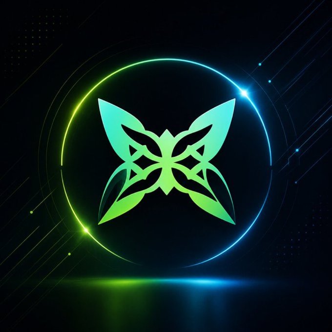 A digital art graphic featuring a green and cyan butterfly/geometric logo with glowing circular light effects on a dark background with digital line patterns.