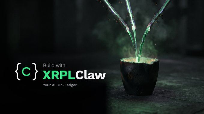 A dark promotional image for 'XRPLClaw' with the tagline 'Build with' and 'Your AI. On-Ledger.', featuring a stylized cauldron with green light beams shooting upward and a bracket-style 'C' logo.