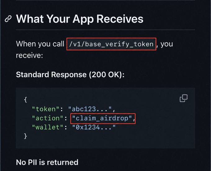 API documentation showing 'What Your App Receives' when calling /v1/base_verify_token, with a sample JSON response containing token, claim_airdrop action, and wallet address.