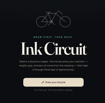 A dark-themed promotional graphic for 'Ink Circuit' with the tagline 'DRAW FIRST. THEN RACE.' featuring a minimalist bicycle illustration, a 'Draw your bicycle' button, and description text about sketching a bicycle to race through alpine tarmac.