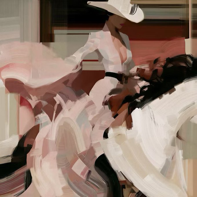 A digital painting in a painterly style depicting a woman wearing a white shirt, white cowboy hat, and flowing skirt, riding a white horse.