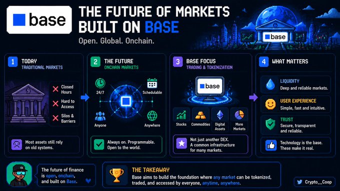 An infographic titled 'THE FUTURE OF MARKETS BUILT ON BASE' comparing 'TODAY TRADITIONAL MARKETS' with 'THE FUTURE ONCHAIN MARKETS' and 'BASE FOCUS TRADING & TOKENIZATION', emphasizing 'Open. Global. Onchain.' philosophy.