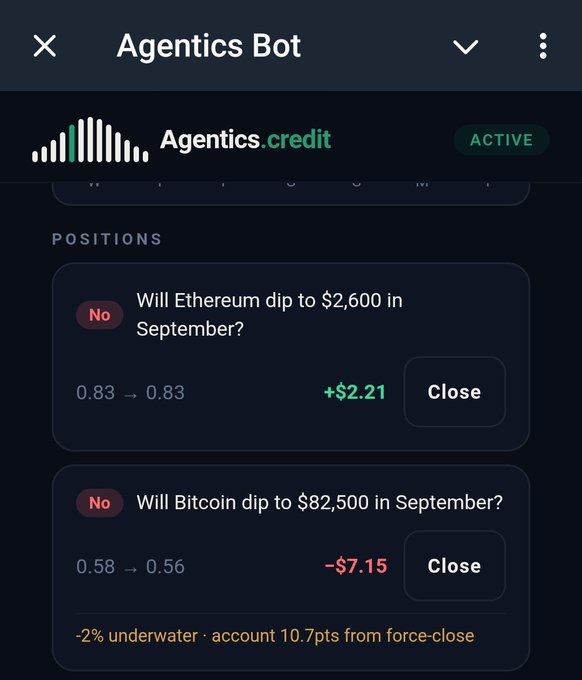 A screenshot of the 'Agentics Bot' trading interface showing two active positions betting on Ethereum and Bitcoin price dips in September, with one position +$2.21 in profit and another -$7.15 underwater.