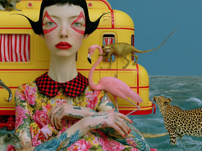 A surreal artistic photograph featuring a woman with red triangular face makeup and black hair, wearing a floral outfit with a flamingo and cheetahs in the foreground, and a yellow vehicle in the background near ocean water.