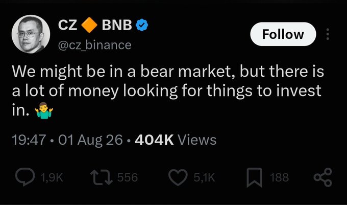 CZ, aka @cz_binance, shares a tweet stating "We might be in a bear market, but there is a lot of money looking for things to invest in." with 404K views, suggesting optimism amidst market conditions.
