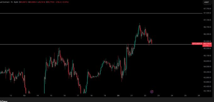A 1-hour Bitcoin/USDT candlestick chart on Bybit shows BTC pulling back sharply from a high near $67,130 down to around $65,900, currently testing the critical horizontal support level at $65,885. A small annotation marks the recent price action near the bottom of the move, emphasizing the importance of holding this key support level.