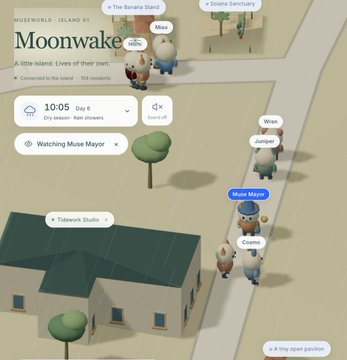 A screenshot of the "Muse World - Island 01" featuring a virtual town called Moonwake with mushroom-like characters including ones labeled 'Mouse Mayor' and 'Cosmo'.