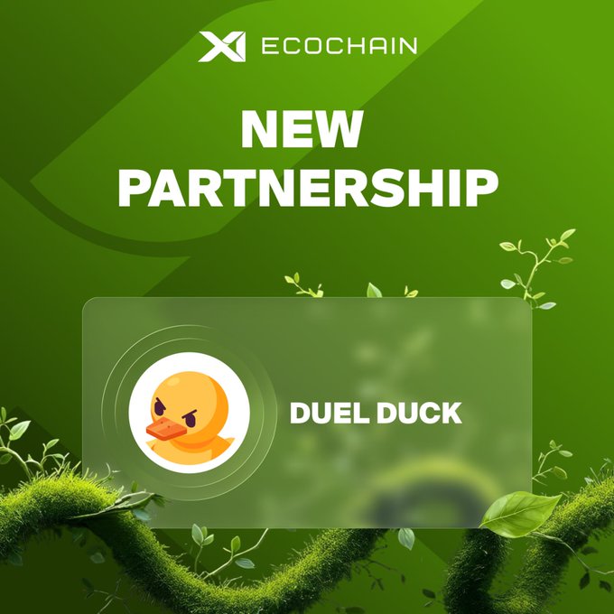 The image is a green-themed announcement graphic for X1 EcoChain, displaying "NEW PARTNERSHIP" and featuring the Duel Duck logo—an angry cartoon duck—along with the text "DUEL DUCK." It visually supports the post's announcement of a partnership between X1 EcoChain and Duel Duck to expand transparent P2P prediction markets.