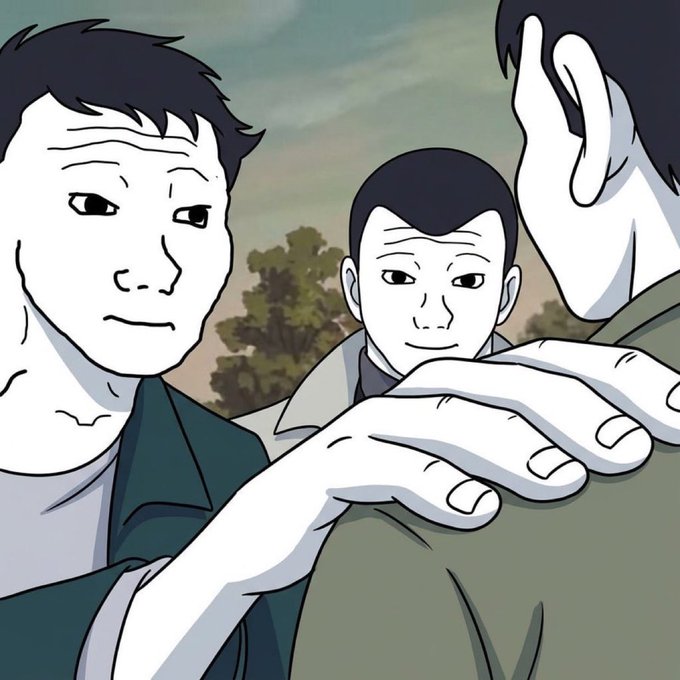 An anime-style illustration showing three men, with one figure's hand reaching toward another's shoulder in an outdoor setting.