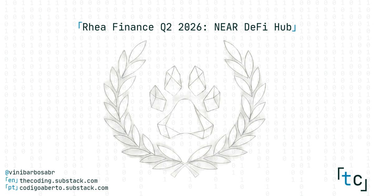 The image features a logo for RHEA Finance, which is a white background with a black and gray design featuring a laurel wreath and a cat's face. The text "RHEA Finance Q2 2016 NEAR Defi Hub" is also present in the image. This logo and accompanying text are related to the post about RHEA Finance, where it talks about the leading DeFi hub on NEAR and how it may benefit from the momentum of earning.