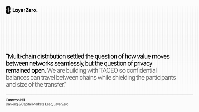 The image displays a LayerZero-branded testimonial quote from Cameron Nili, Banking & Capital Markets Lead, highlighting the company's partnership with TACEO to enable private cross-chain balance transfers that conceal participants and transfer amounts. The quote directly supports the post's announcement about integrating with TACEO for confidential cross-chain Merces transfers.